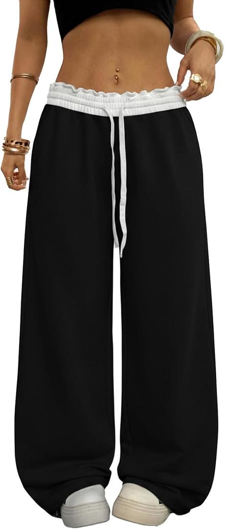 SOLY HUX Women's Camo Pants Wide Leg Baggy Sweatpants Elastic Waist Drawstring Loose Pants Trendy Y2K Drawstring Trousers (Black, XS)