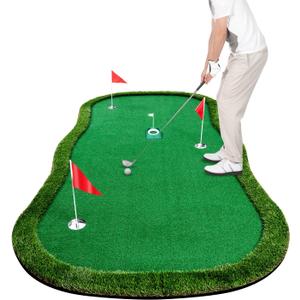Golf Putting Green Indoor Outdoor Putting matt Professional Training Mat Practice Putting Mat with 3 Flags 1 Movable Cup 2 Slope Pad 5x10ft