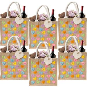 CJiangpo 6 Pack Valentine's Day Burlap Gift Bags, Large Conversation Heart Tote with Handle, Reusable Colorful Candy Linen Jute Bag Goodie Snack Basket and Wood Heart Shape Cutout for Party Favors