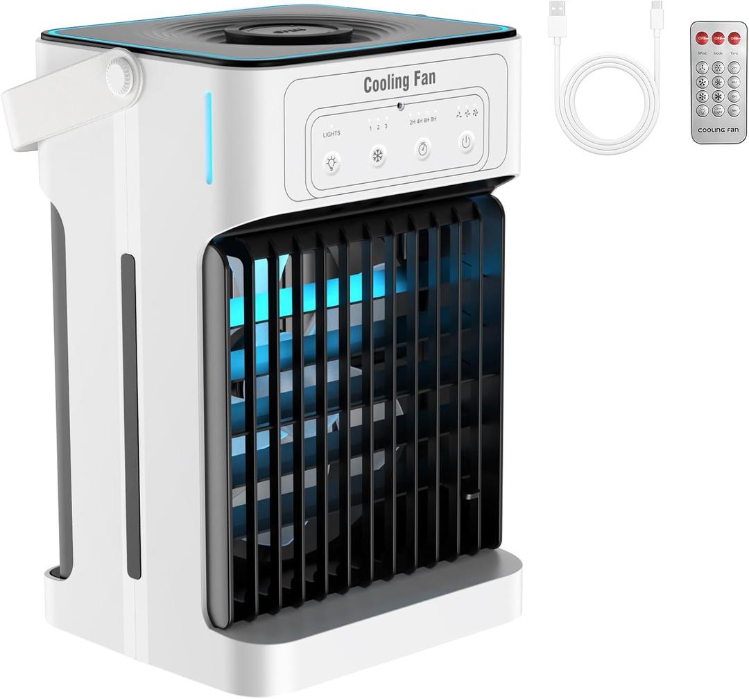 Portable Air Conditioners, Dual Motor & Fan Blades Evaporative Air Cooler with Remote, 3 Speeds & 3 Mist, Colorful Night Light Cooling Fan with 2-8H Timer, Personal AC Unit for Bedroom Office