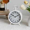 Small white table clock Vintage Rustic White Table Clock on Stand, Decorative Desk and Shelf Clock Farmhouse Mantel Clock Rustic Non-Ticking Clock (8.7"H)
