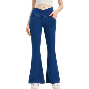 Women's High Waisted Tummy Control Flare Jeans Stretchy Pull On Wide Leg Denim Pants (Medium, Middle Blue)