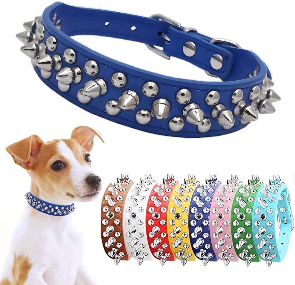 Spiked Dog Collar, Mushrooms Rivet Spike Anti-Bite Studded Protective Pet Neck Pu Leather Puppy Collars for XS Small Medium Large Boy Dogs Male Cats Goat (Dark Blue, XS)