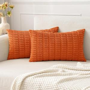 MIULEE Pack of 2 Orange Corduroy Decorative Lumbar Pillow Covers 20x12 Inch Soft Boho Striped Throw Pillow Covers Modern Farmhouse Home Decor for Summer Sofa Living Room Couch Bed