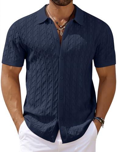 COOFANDY Men's Knit Short Sleeve Shirts Button Down Vintage Knitted Polo Shirt Casual Beach Crochet Cable Vacation Shirt Size L