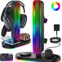 RGB Headset Stand with Wireless Charger, 8in1 Charging Station for iPhone, Samsung, Apple Watch TypeC/USB Ports, Gaming Headphone & Controllers Holder, Organizer for Desk Includes 20W PD Adapter