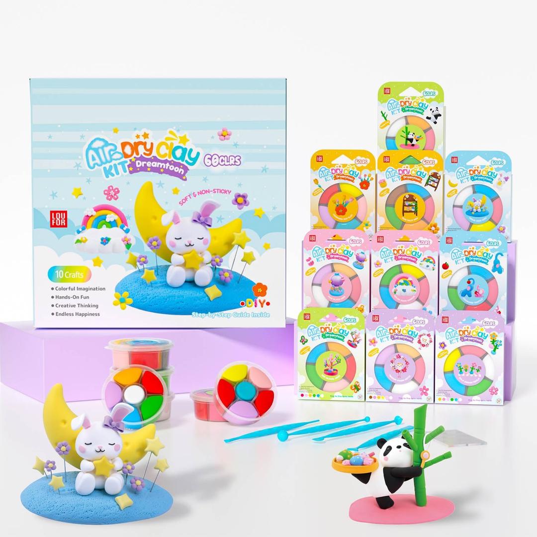 Air Dry Clay for Kids - Modeling Clay Kits, Ultra Light & Soft, Safe & Non-Toxic, 10 Boxes DIY Model Magic Clay 60 Colors with Sculpting Tools und Tutorials, Creative Art Crafts Toys Gifts Boys Girls