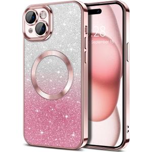 Hython for iPhone 15 Case Clear Magnetic Glitter Phone Cases [Compatible with MagSafe] Full Camera Lens Protector Slim Gradient Sparkle Luxury Plating Shockproof Protective Cover Women Girls, Pink