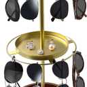 Ysenchan 360 Rotating Sunglass Organizer Gold Glasses Holder with Wooden Tray Base, Eyeglass & Sunglasses Organizer for Desk, Dresser, Tabletop, and Home Decor