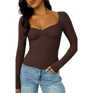 Women's Sexy Long Sleeve Going Out Tops Pleated Bustier Shirt Cute (Large, Dark Brown)