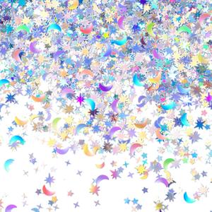 60 G/ 2.1 oz Holographic Star and Moon Glitter Confetti Sequin Galaxy Iridescent Table Metallic Glitter Foil Confetti Sequin Star Moon Scatter for Wedding Festival Party DIY(10 mm, 6 mm,Silver) (10 mm, 6 mm, Silver)