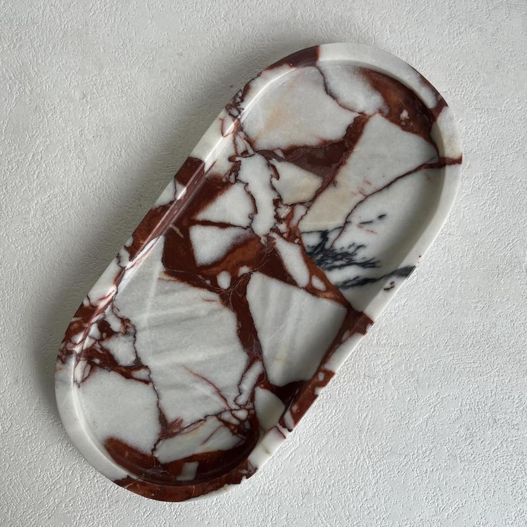 Natural Marble Oval Tray Ornaments Vintage Small Tray Storage Dish for Counter, Vanity, Dresser, Nightstand and Desk (Calacatta Red)