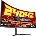 SANSUI 34 Inch 240Hz Ultrawide Curved Gaming Monitor UWQHD 34401440, 21:9 2K Curved Monitor 1500R,HDR400,Fast VA, PIP/PBP,AI Crosshair,AIPQ(Visual Enhance),MPRT 1ms,HDMI2.1 * 2,DP1.4 * 2
