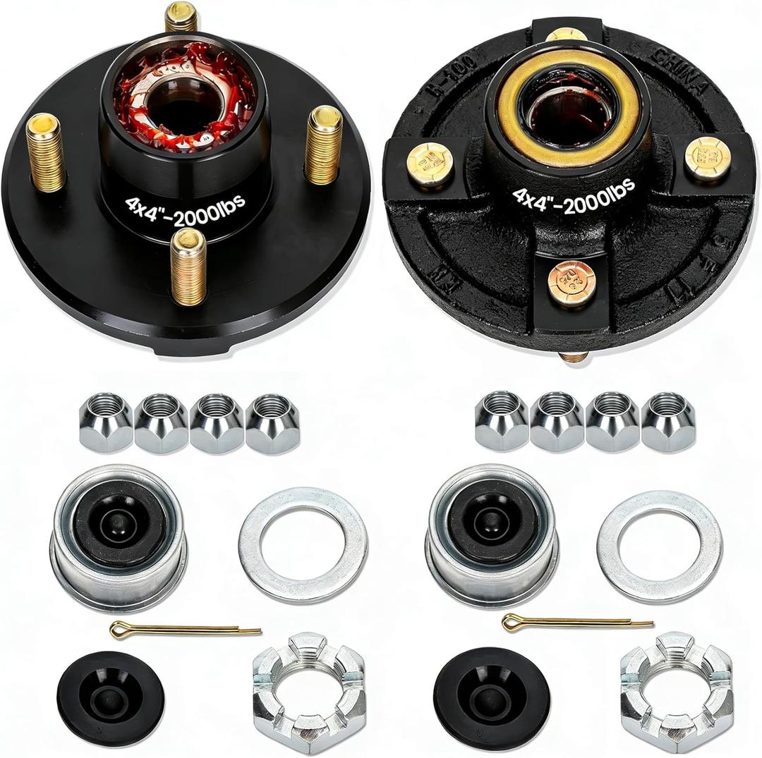 2 Sets 4 Lug Trailer Hub Kit for 2000 Lbs, for 1'' BT9 Straight Axle Spindle Trailer hub 4 lug, Prelubricated L44643 Bearings 44 Trailer Axle Kit, Boat Trailer Hubs 4 Lug(only for Straight Spindle)
