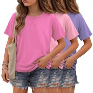 3 Pack Girls Short Sleeve T Shirts | Crewneck Tops, Loose Fit, Summer, Comfy Basic, Casual Blouse, Teen 5-14 Years, Soft, Breathable, Daily Wear