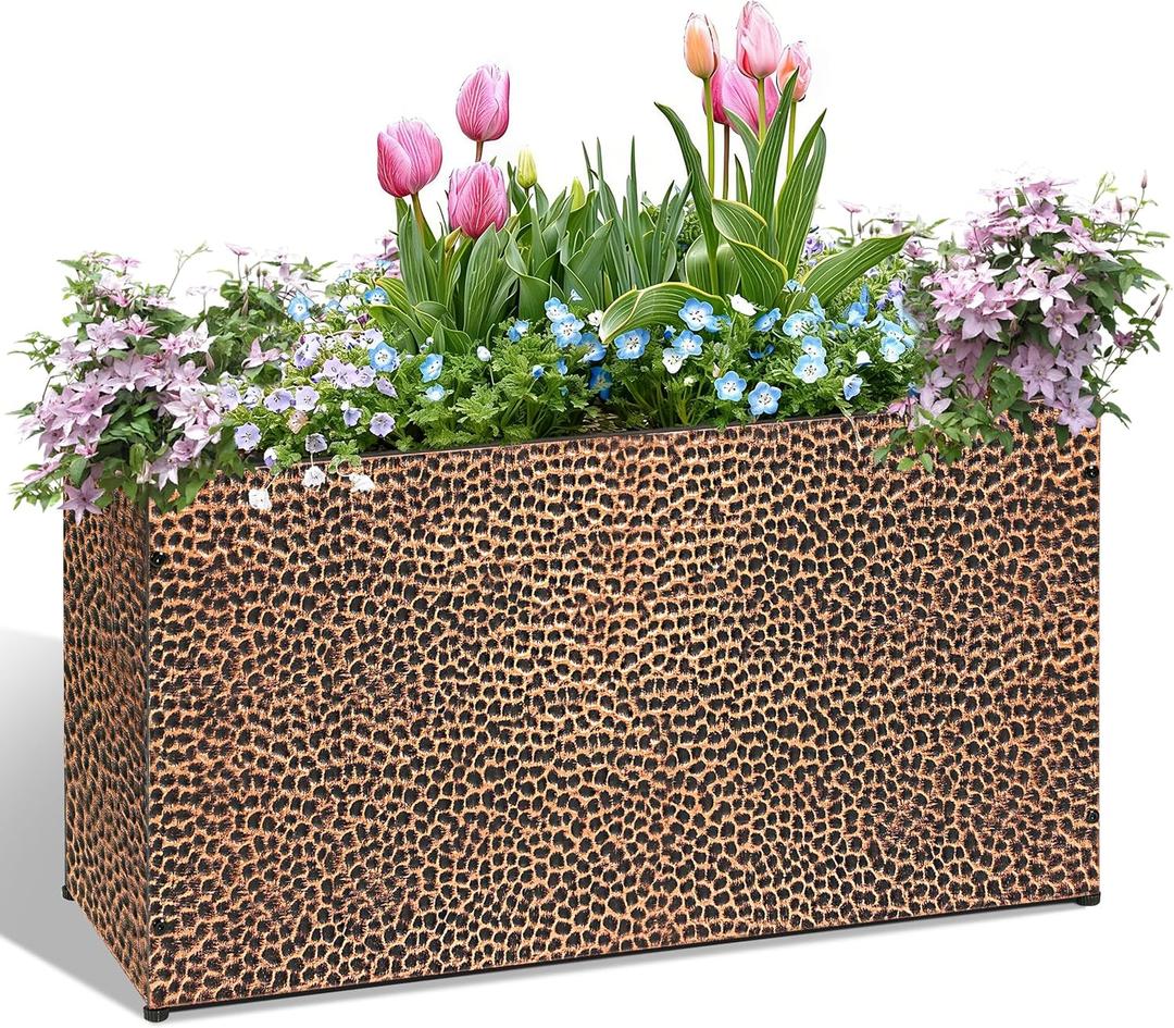 BAYN 30x12x16 Inch Rectangular Metal Planter Box Bronze Hand-Hammered Metal Planter with Pre-Drill Holes, Heavy Duty Outdoor Garden Planter for Patio, Porch, Yard