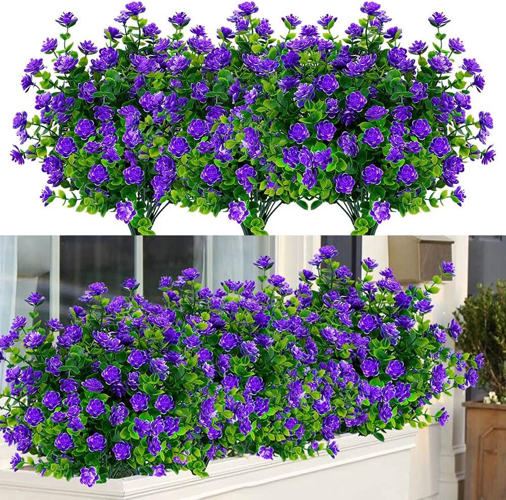 12 Bundles Outdoor Artificial Flowers UV Resistant Fake Boxwood Plants, Faux Greenery for Indoor Outside Hanging Plants Garden Porch Window Box Home Wedding Farmhouse Dcor (Purple)