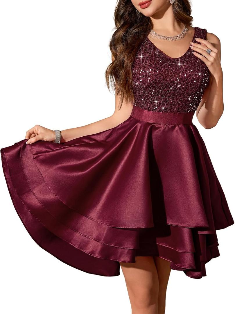 Meetjen Womens Sparkly Homecoming Dresses for Teens Short Sequin High Low Formal Prom Dress Cocktail Party Wedding Guest (Large, Burgundy)