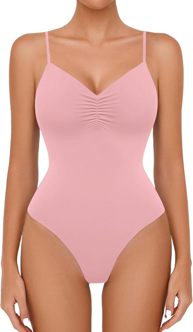 Avidlove Body Suits for Womens Sexy Ruched V Neck Thong Bodysuit Backless Sleeveless Double Lined Cami Body Suit Top (Large, Light Pink)