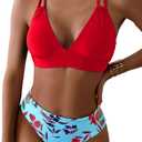Tainehs Women's Push Up V Neck Bikini Sets Criss Cross Back Two Piece Bathing Suit (Medium, Red Floral)