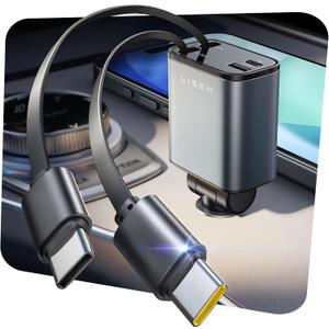 LISEN Retractable Car Charger USB C for iPhone 17, 69W Dual Type C Car Charger USBC Cargador para Carro for iPhone 17 Pro Max Air, Retractable Charger for Car fit iPhone 16 15 Pro Max Air, Black