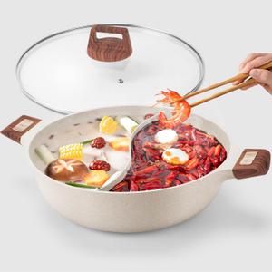 7-QT Shabu Shabu Hot Pot with Divider Double Flavor Divided Stockpot with Glass Lid Dual Sided Soup Cookware for Induction Cooktop Gas Stove Hot Burner