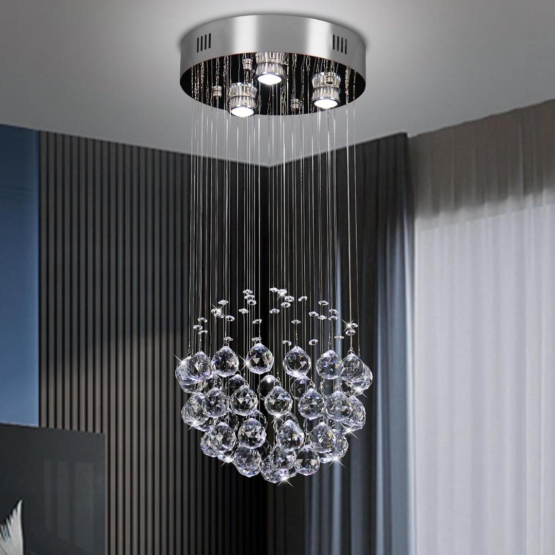 CLAIRDAI Modern Chandeliers Crystal Round Raindrop Chandelier Lighting Flush Mount Ceiling Light Fixture Crystal Raindrop Pendant Light for Living Entryway Room Dining Room,3*GU10 Bulbs, 300D