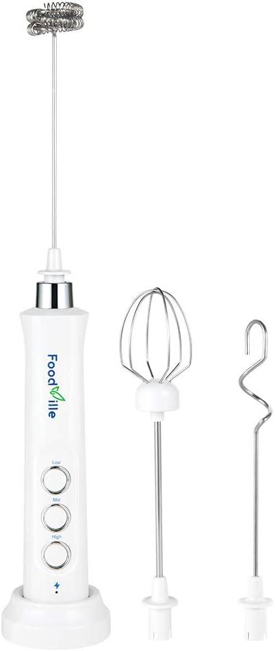 FoodVille MF09 3 in 1 Rechargeable Milk Frother Handheld Foam Maker with Charging Stand & 3 Stainless Steel Whisks (White without Case)