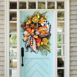 Thanksgiving Fall Wreath with Pumpkin, Maple Leaves, Sunflowers - Indoor/Outdoor Decor (1)