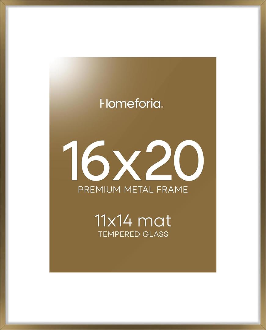 Homeforia Picture 16x20 Bronze Frame, High End Metal 16x20 Brass Poster Frames with Mat 11x14 for Photo, 16 x 20 Frame Matted to 11 by 14 Print, 20x16 Hanging Frame, Tempered Glass, Wall Kit, Set of 1