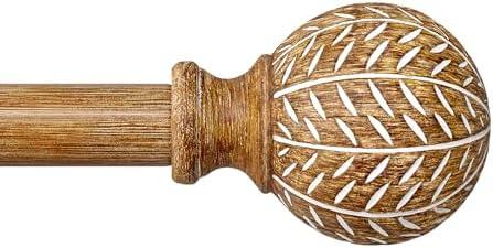 QDWIS Wood Curtain Rods for Windows 48 to 84 Inch,1'' Diameter Drapery Rods with Imitation Wood Grain Leaf Pattern Finials,Boho Adjustable Heavy Duty Curtain Rods Set,36-88'',Color:Natural Wood 2 Pack