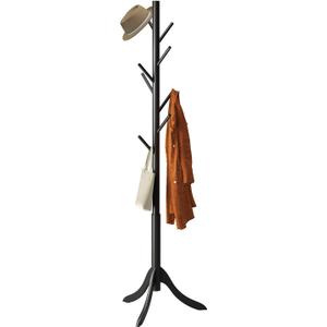 Coat Rack Freestanding, Coat Stands Entryway, Bamboo Coat Rack Hat Hanger 8 Hook for Jacket, Purse, Scarf Rack, Umbrella Tree Stand (Black)