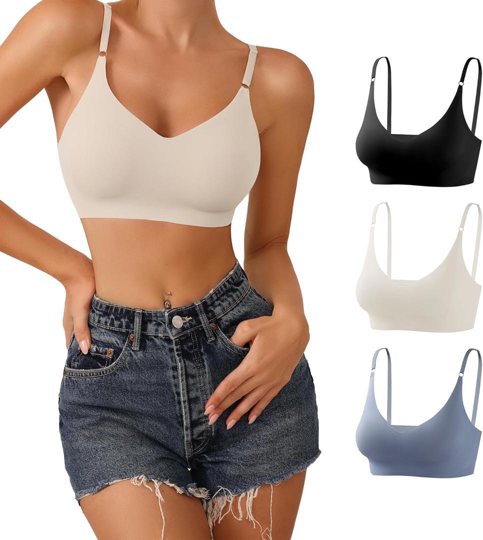 DEANGELMON V Neck Bra Padded Seamless Adjustable Straps Bralettes Everyday Basic Sleeping Bras Multiple Pack (X-Large, Black,blue,apricot)