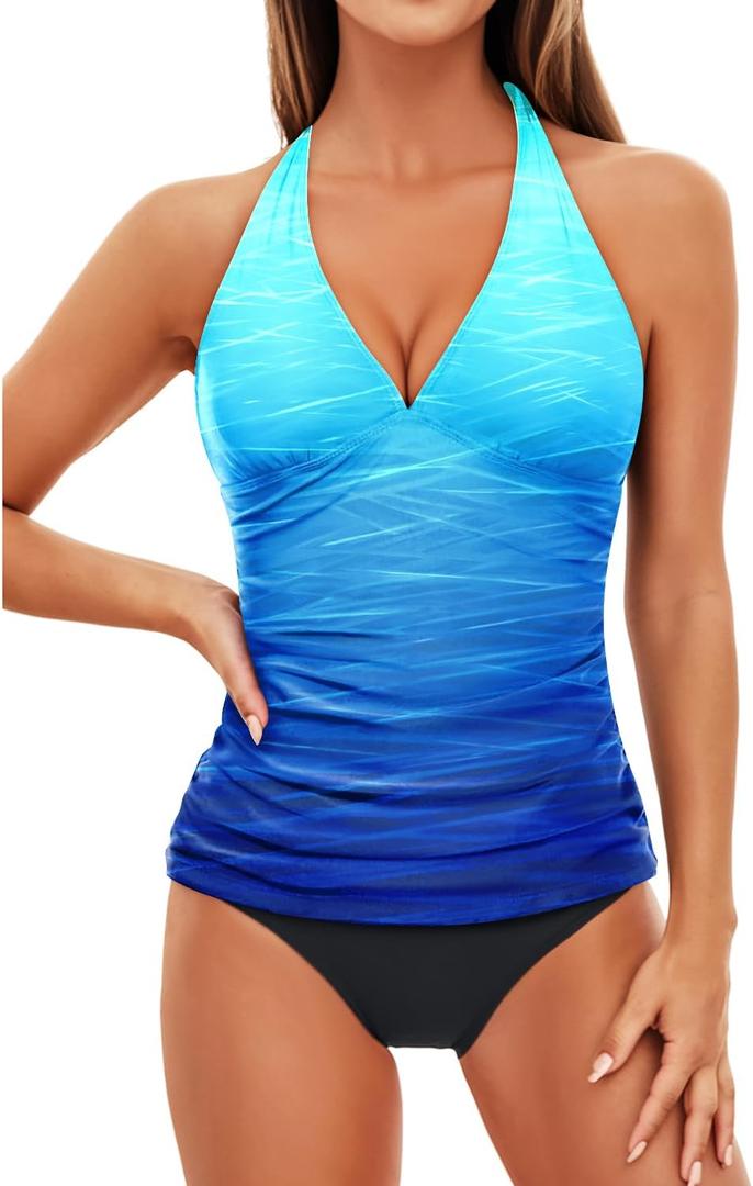 Holipick Two Piece Tankini Bathing Suits for Women Tummy Control Swimsuits Sexy V Neck Halter Tankini Top with Bikini Bottom (XL)