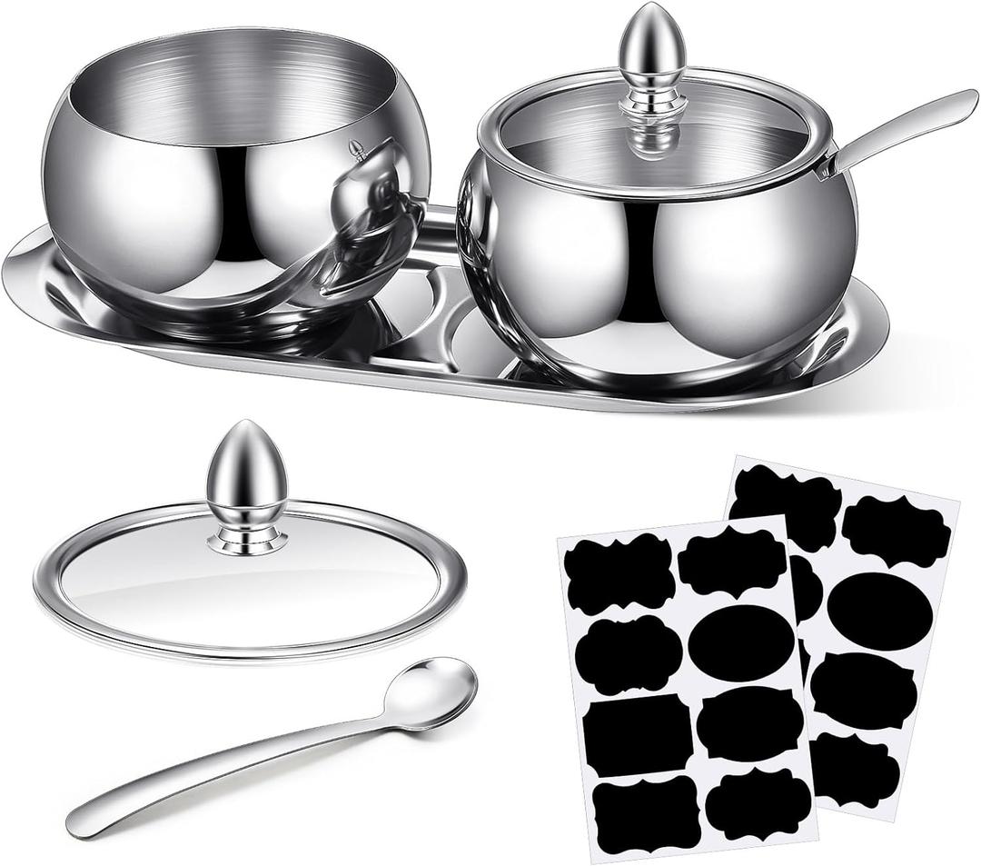 Baderke 2 Pcs 16 oz Stainless Steel Sugar Container with Lid Spoon and Tray Sugar Container Salt Bowl Holder Dispenser with Tag Condiment Pots for Countertop Serving Spice Pepper Kitchen