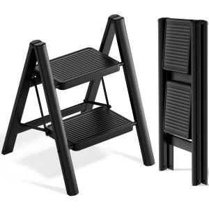 SOLADDER Step Stool, 2 Step Ladder with Anti-Slip and Wide Pedal, Folding Portable Iron Stepladder for Home and Kitchen, 300lbs - Black