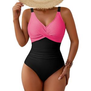 Pink Queen Women One Piece Swimsuit 2026 Patchwork Twist Front V Neck Ruched Tummy Control Swimwear Bathing Suits (Medium)