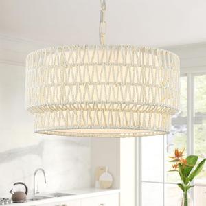 18 Rattan Chandelier Light Fixtures, 3-Light Dining Room 2-Tier Bohemian Coastal Woven Modern Hanging Drum Lighting with Fabric Shade for Living Room Kitchen Island Entryway Hallway (White) 18 Rattan Chandelier Light Fixtures, 3-Light Dining Room 2-Tier Bohemian Coastal Woven Modern Hanging Drum Lighting with Fabric Shade for Living Room Kitchen Island Entryway Hallway (White)