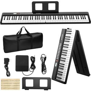 Buinblu Electronic Piano keyboard, Foldable Full Size 88 Key Digital Pianos with Power Adapter, Pedal, Sheet Music Stand, Sticker, Bag, for Beginners, Black