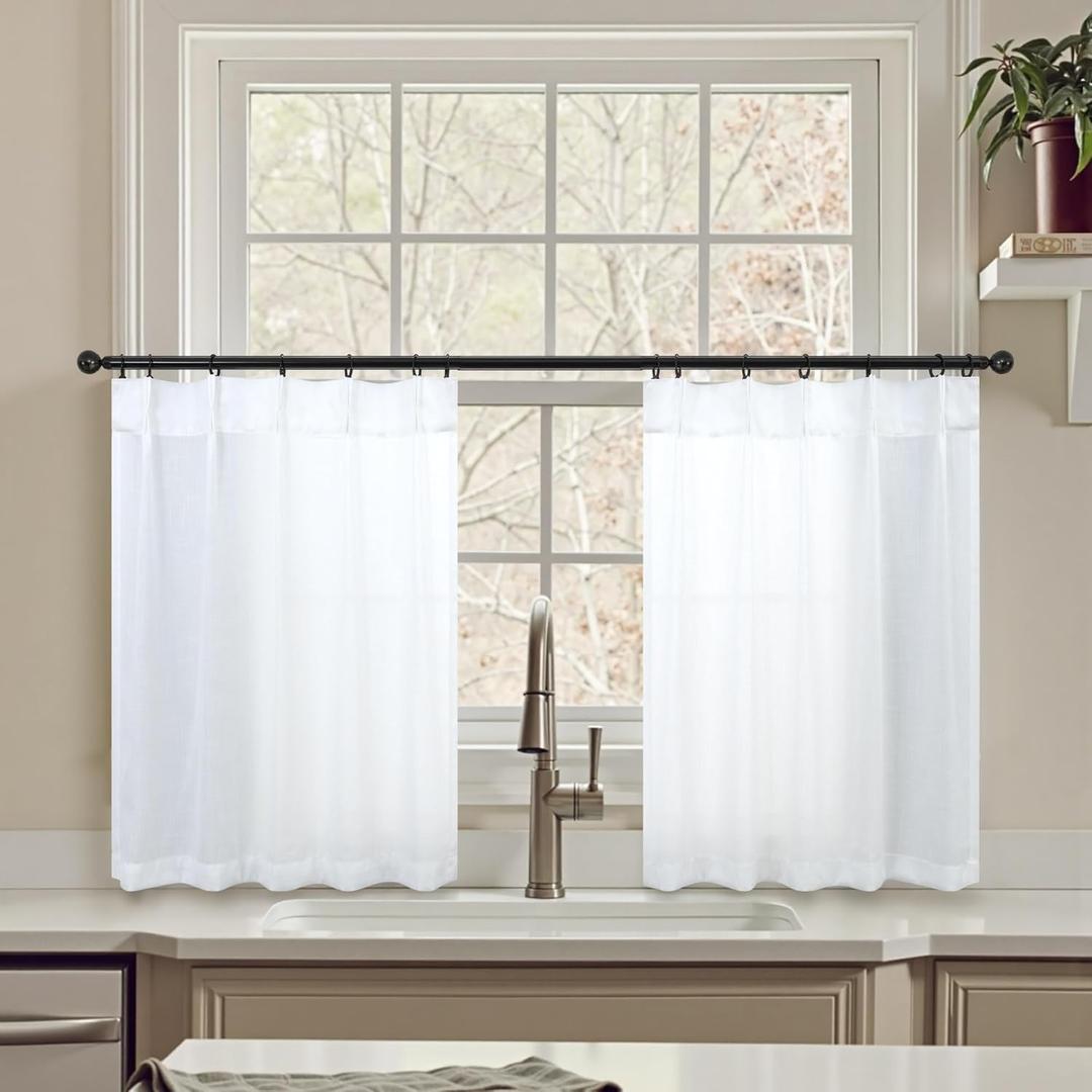 Pinch Pleat White Kitchen Curtains 36 Inch Length 2 Panels Set Back Tab Privacy Semi Sheer Linen Cafe Curtain Modern Neutral Short Tier Curtains for Small Window Front Door Bathroom RV Camper 36x36