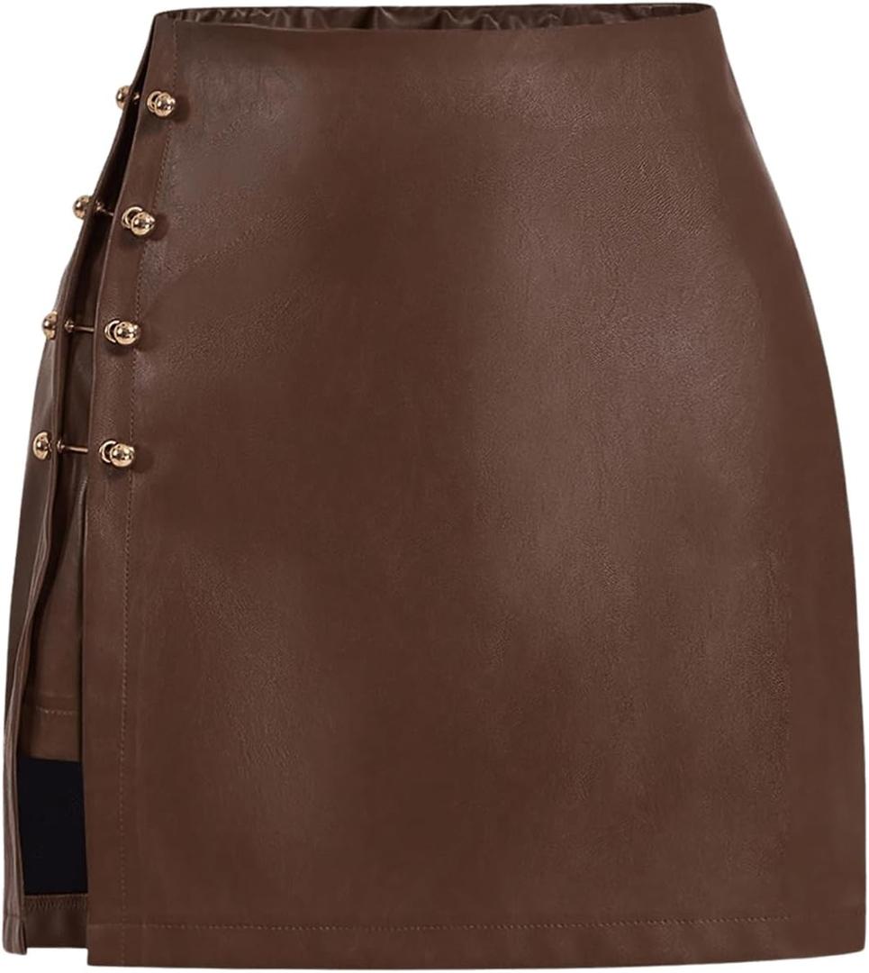Milumia Women's Metal Decor Leather Short Skirt Side Slit Straight Mini Skirts (Brown) XS 