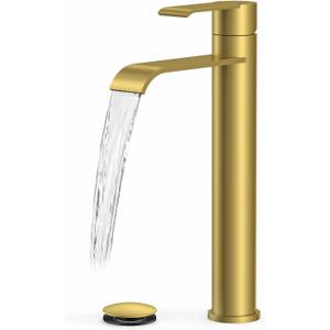 FORIOUS Brushed Gold Vessel Bathroom Faucet One Hole, Single Handle Waterfall Bathroom Vessel Sink Faucet Gold with Pop-up Drain and CUPC Hose for Rv, Lavatory, Corner Sinks