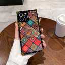 Compatible with iPhone 16 Pro Max Rectangle Case with Diamond Ring Holder Glitter Women Girl Retro Elegant Mandala Soft Protective Kickstand Case Metal Reinforced Corners Shockproof Bumper Cover 6.9''