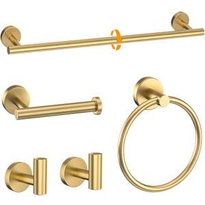 Brushed Gold Towel Bar Set 5 Pieces Round Bathroom Hardware Set Includes 23.6in Towel Bar Towel Ring Toilet Paper Holder Towel Hooks Stainless Steel Wall-Mounted Bathroom Towel Holder Set