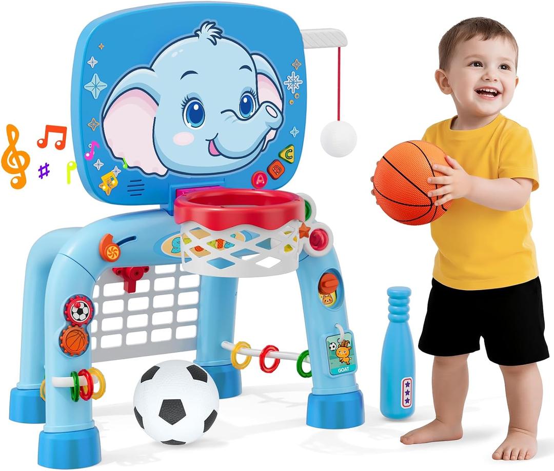 Wee Wonders Toddler Basketball Hoop & Soccer Goal Tball Set, Kids Sport Toys with Light & Sound, Musical Activity Center Toys for 1 2 3 Years Old Boys, Christmas Birthday Gifts for Baby 12-18 Months
