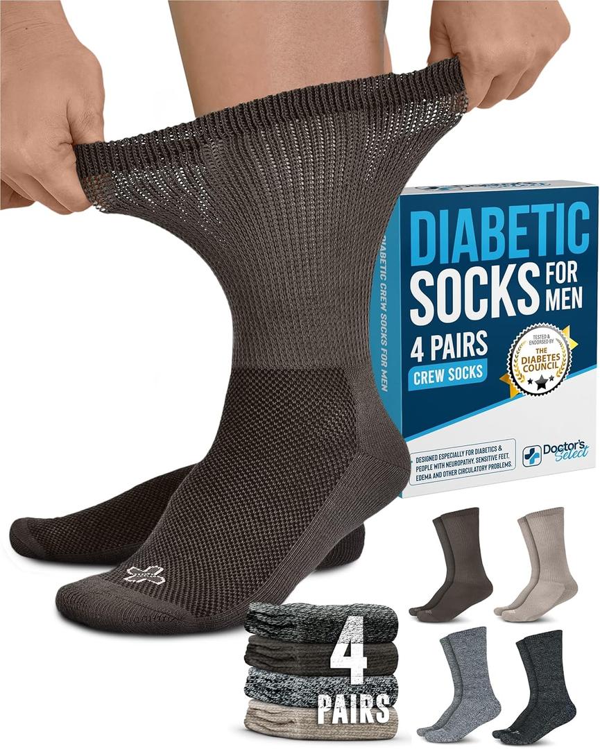 Doctor's Select Diabetic Socks for Men - 4 Pairs Non Binding Neuropathy Socks for Swollen Feet, Work, Travel & Comfort, Size: X-Large