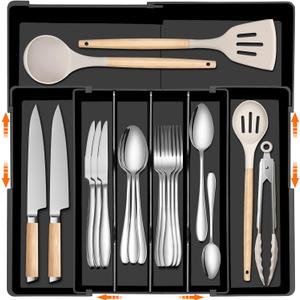 Spaclear Large Kitchen Silverware Organizer - Expandable 17.2" x 17.9" Adjustable Drawer Tray, 4-7 Compartments for Maximum Storage, BPA-Free, Black,L
