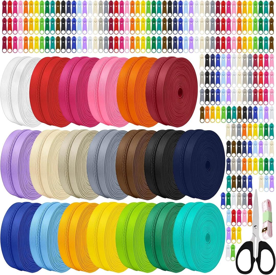 80 Yards 20 Pcs Sewing Colors Zippers Bulk #3 Nylon Coil Assorted Lengths Sewing Zipper with 200Pcs Pull Heads, for DIY Sewing, Bag Pack, Crafts Zipper Tape for Clothes, Purse Making Supplies Kit