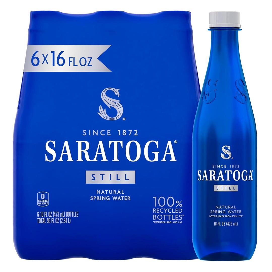Saratoga Spring Water Bottles, 6 Pack Still Bottled Water Recycled PET Plastic Bottles 16 Fl Oz (EXP 08/14/26)