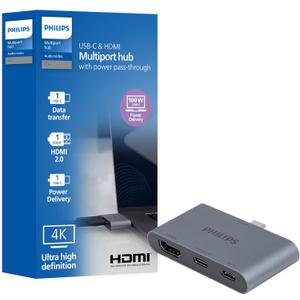 Philips USB-C Multiport Hub, with 4K HDMI Display, 10bps and 2 5Gbps USB-A Data Ports, 100 Watt Power delivery, Multi Device Connector, for Phone, Tablet or Laptop, Gray/Silver, SWL3303M/37